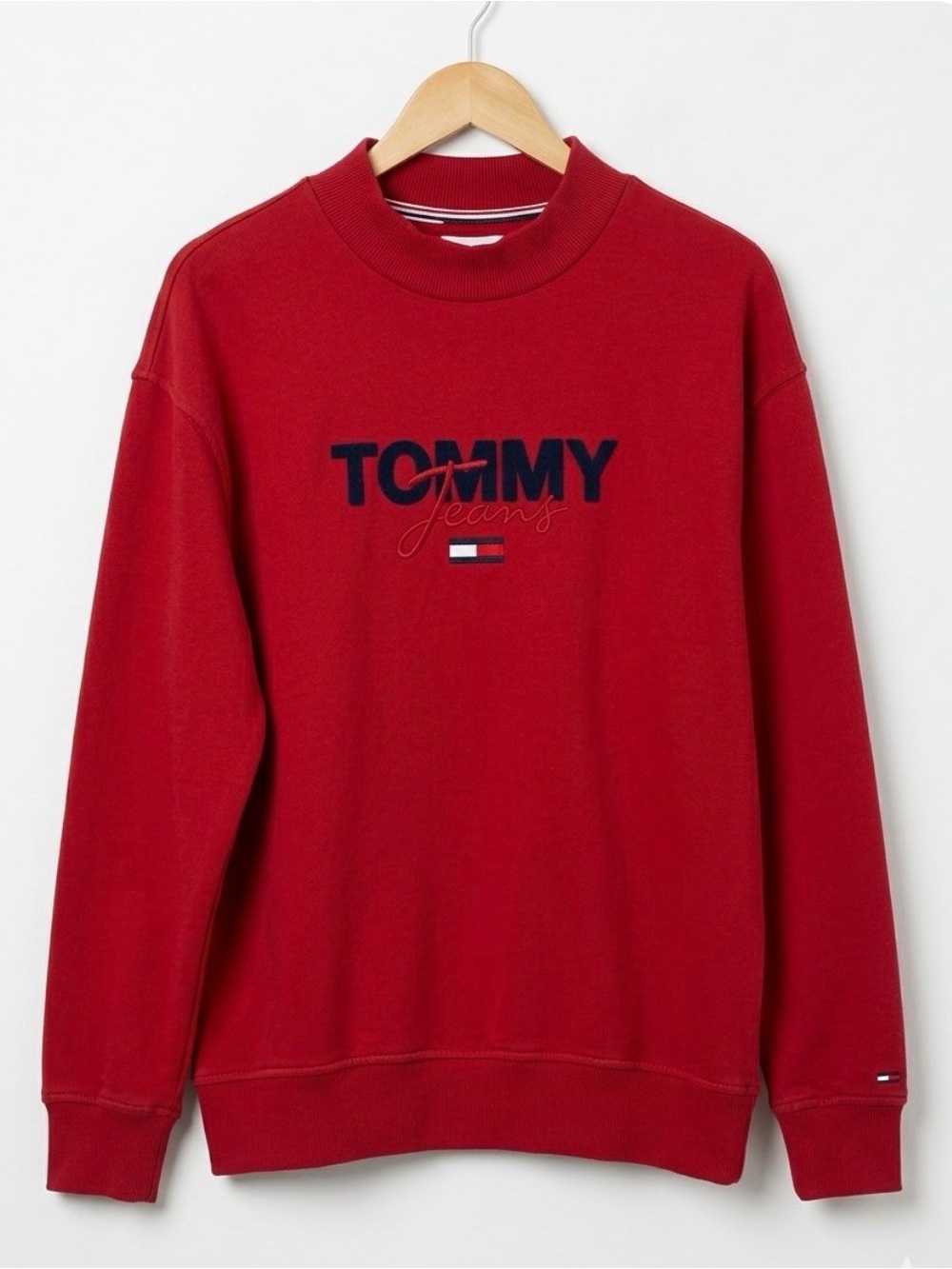 Tommy Jeans Red 90s Appliqué Logo Mock Neck Sweatshirt Size Large